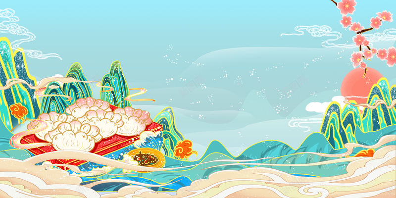 手绘国潮饺子山水元素psd设计背景_88icon https://88icon.com 冬天 卡通人物 手绘元素 饺子 山水 树枝