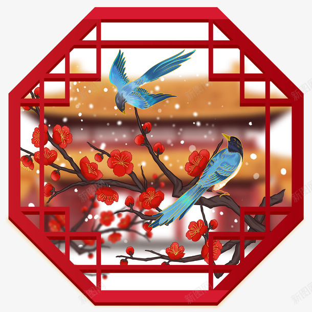 花鸟树枝古窗元素图psd免抠素材_88icon https://88icon.com 花鸟元素 树枝装饰 元素图 梅花 窗户 雪花