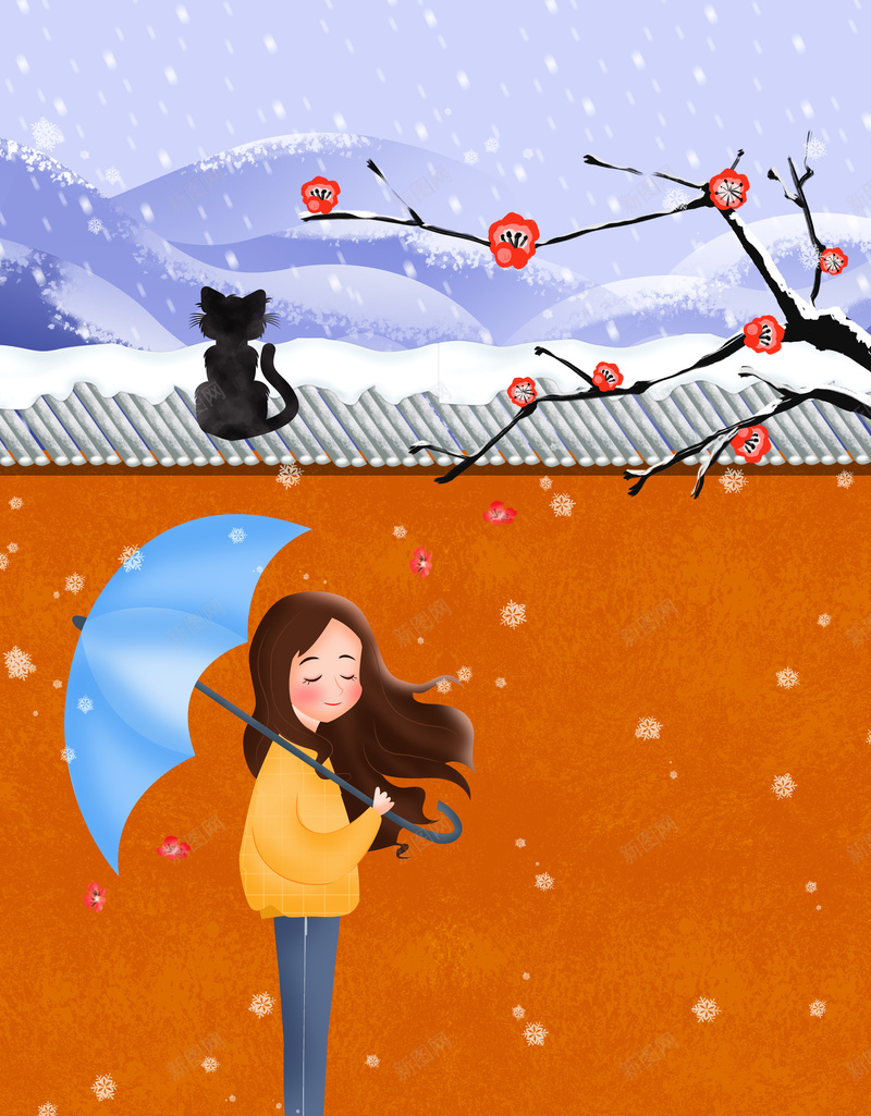 冬天梅枝手绘背景图psd设计背景_88icon https://88icon.com 冬天 梅枝 手绘 背景图 卡通人物 猫 树枝装饰 雪花