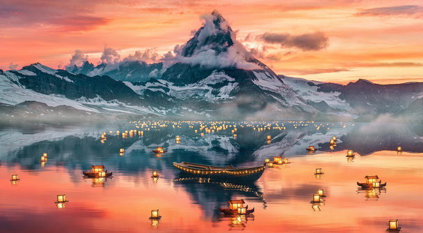 雪山日落海报背景png免抠素材_88icon https://88icon.com 雪山 日落 湖 船