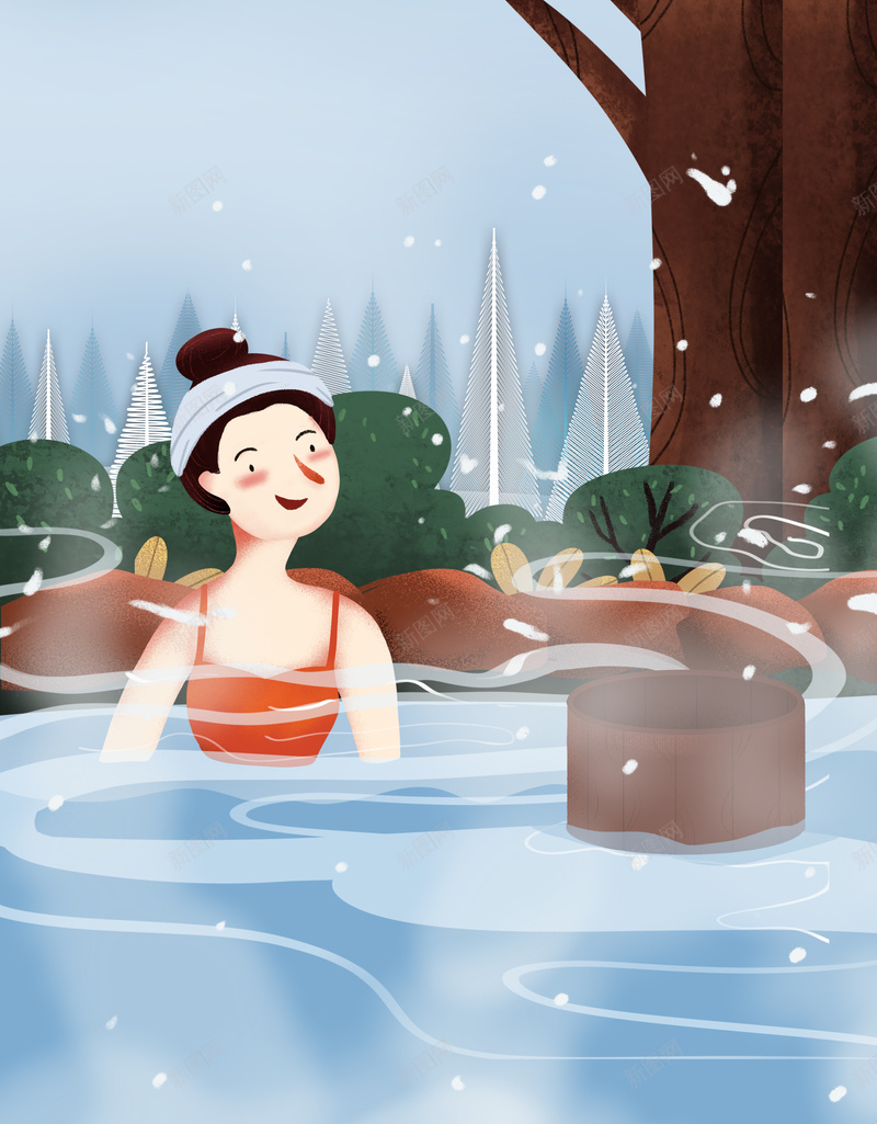 手绘卡通人物泡温泉背景图psd设计背景_88icon https://88icon.com 卡通人物 卡通人物配图 手绘 植物装饰 泡汤 泡温泉 背景图