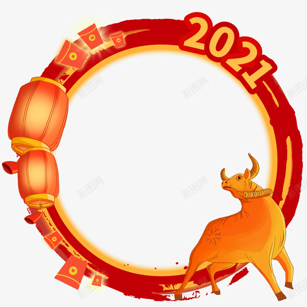 2021牛年圆形边框psd免抠素材_88icon https://88icon.com 牛年 新年 边框 灯笼