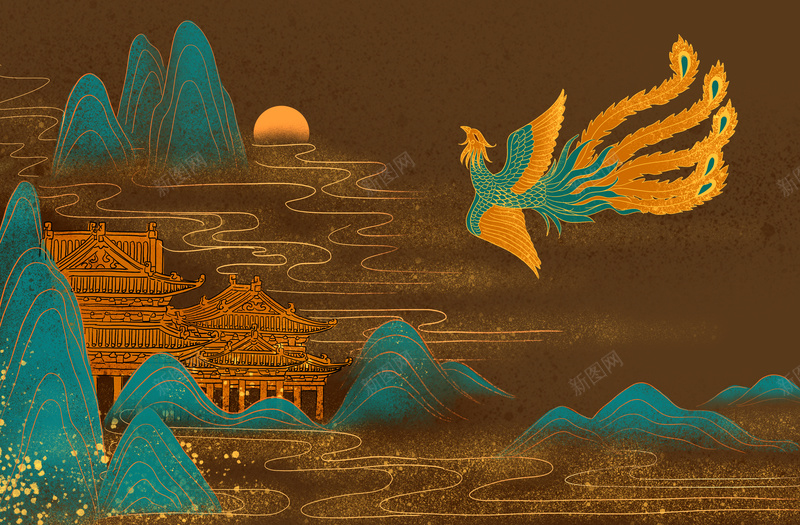 国潮插画凤凰远山jpg设计背景_88icon https://88icon.com 凤凰 国潮 国潮背景墙 插画 远山
