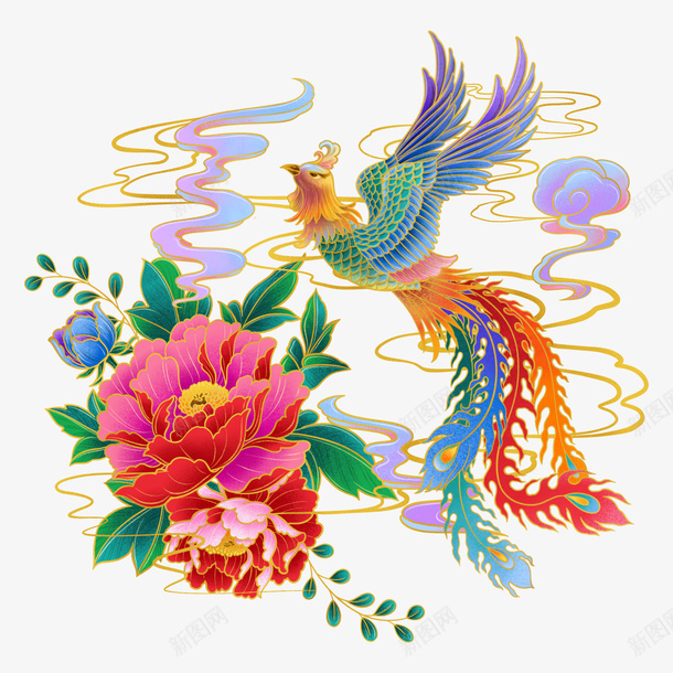 手绘国潮节日凤凰牡丹psd免抠素材_88icon https://88icon.com 手绘 国潮 节日 凤凰 牡丹