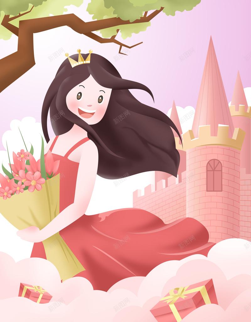 卡通人物城堡鲜花树枝装饰元素图psd设计背景_88icon https://88icon.com 卡通人物 城堡 鲜花 树枝装饰 元素图 女神节