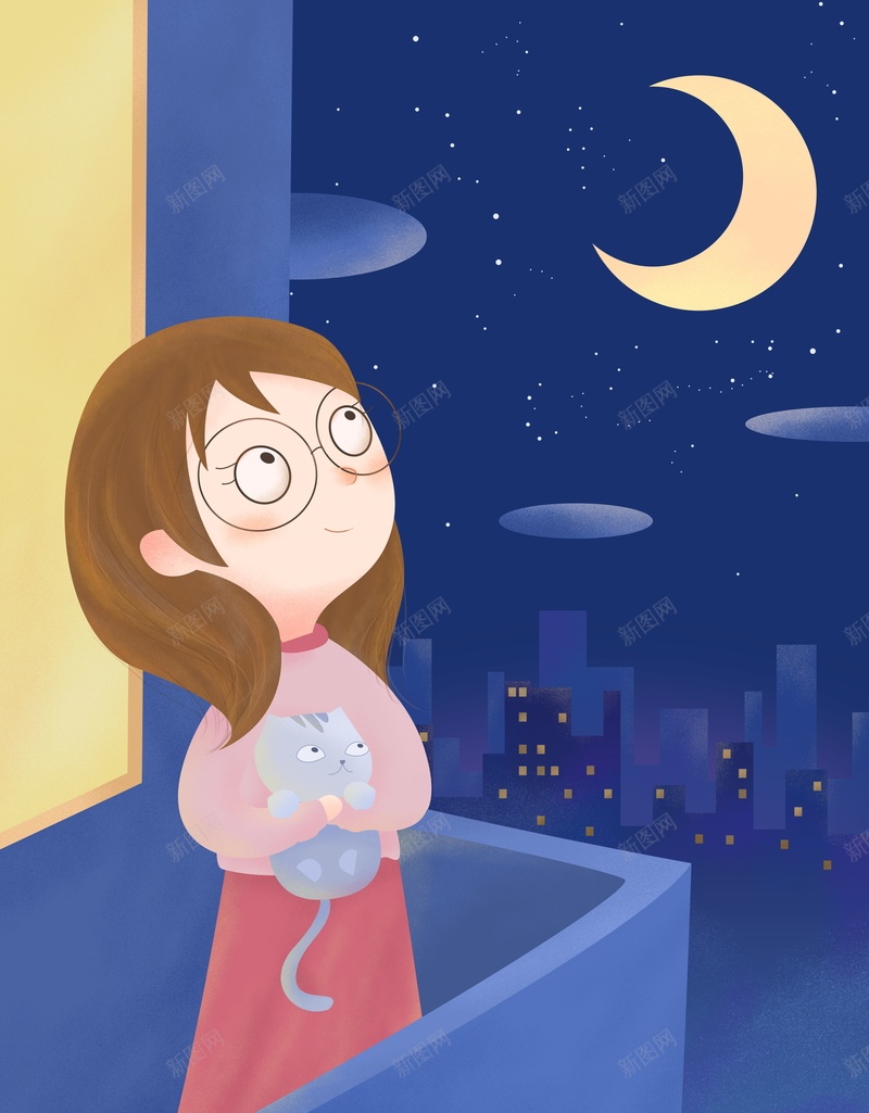 治愈系场景插画psd设计背景_88icon https://88icon.com 夜景 安逸 开心 思念 思念朋友