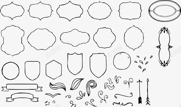 黑白手绘边框矢量图ai免抠素材_88icon https://88icon.com 填色练习 手绘 装饰 边框元素 黑白