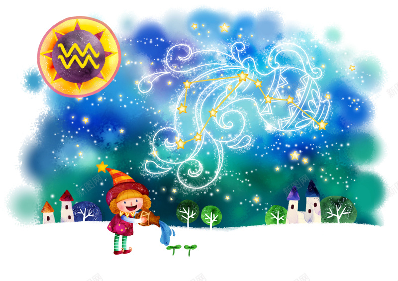 十二星座水瓶座卡通图案插画背景素材psd设计背景_88icon https://88icon.com 卡通世界 卡通插画 装饰图案 星空 梦幻 十二星座 水瓶座 卡通人物 房子 树木 女孩