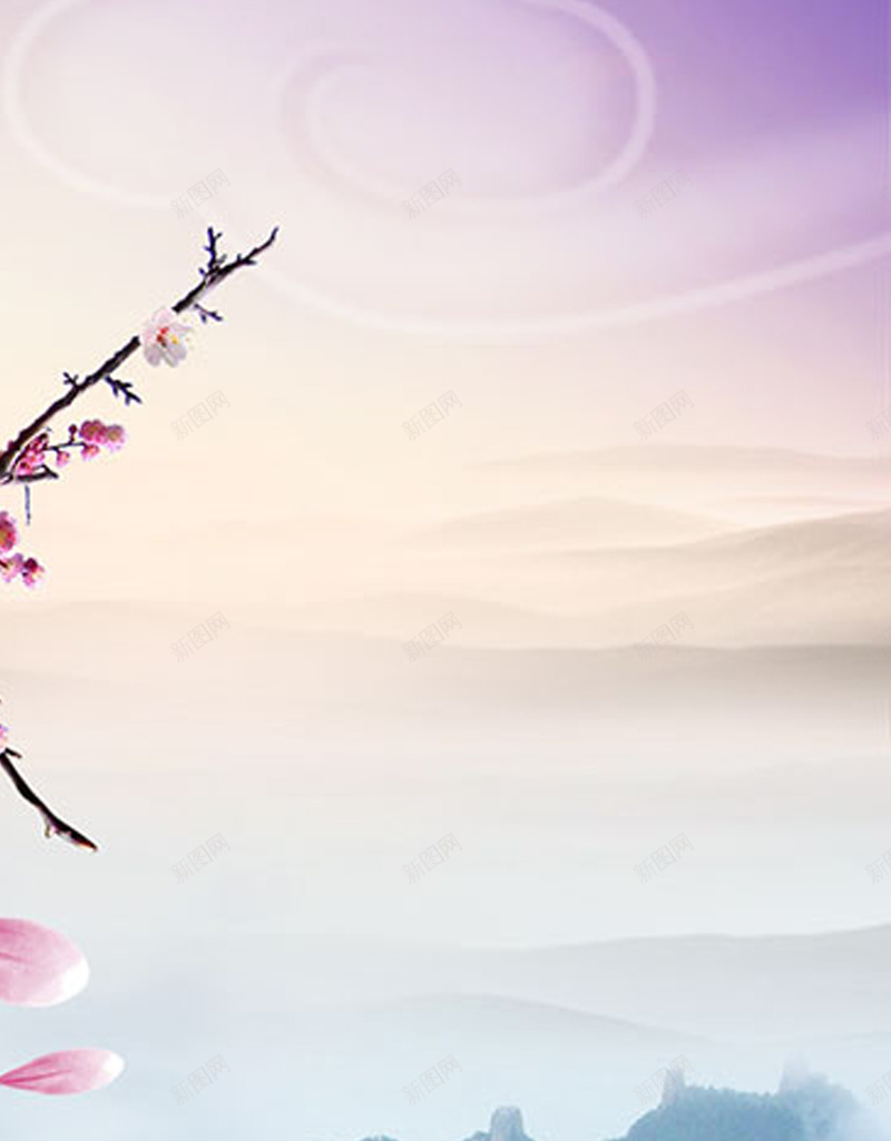 唯美中国风分层背景jpg设计背景_88icon https://88icon.com 花瓣 山 云 水墨 树枝 唯美 中国风 分层 H5