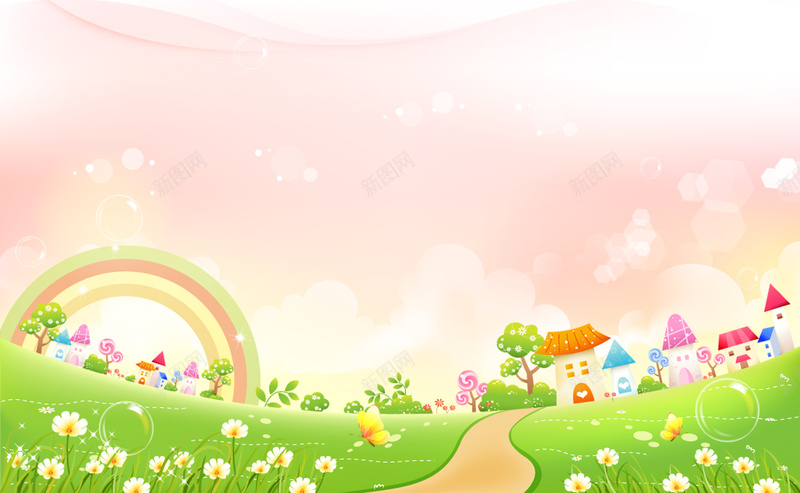 粉色手绘村庄背景psd设计背景_88icon https://88icon.com 手绘 村庄 泡泡 粉色 花草 线条 彩虹 建筑 卡通 童趣