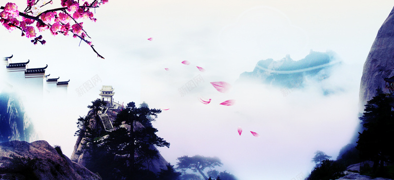 淘宝中国风水墨梅花山峰意境海报背景psd设计背景_88icon https://88icon.com 中国风 山峰 意境 梅花 水墨 海报 背景 花瓣