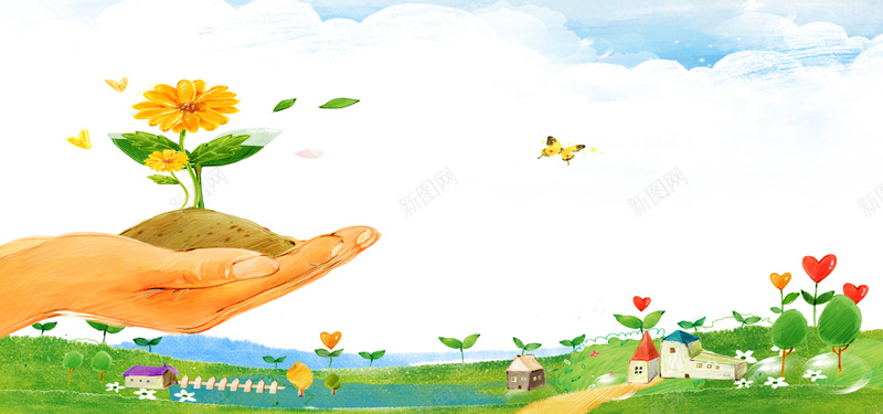 手绘卡通水彩风景画psd设计背景_88icon https://88icon.com 卡通 卡通画 向日葵 向日葵水彩画 土 房子 手 手绘 手绘画 插画 栅栏 植物 水彩画 海报banner 童趣 绿草坪 蝴蝶