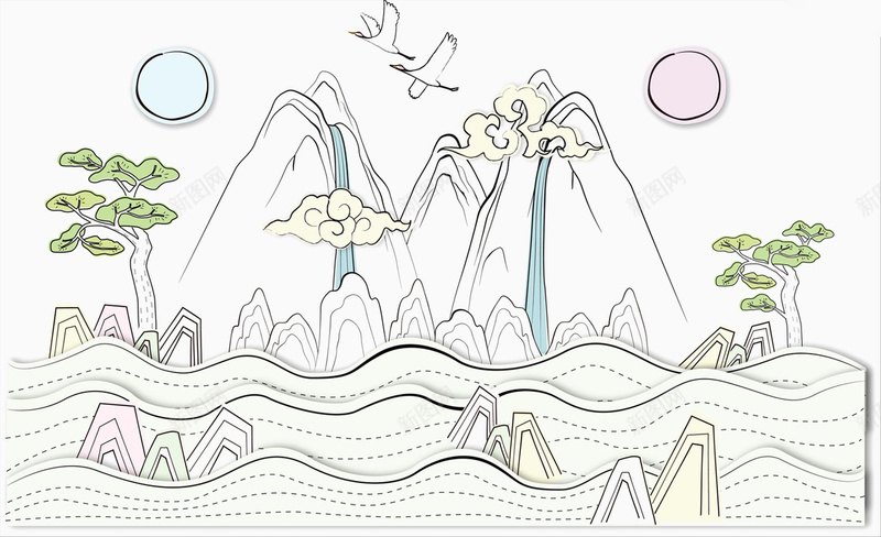 手绘线条风景背景素材jpg设计背景_88icon https://88icon.com 卡通 山 手绘 插画 松树 海报 童趣 简笔画山 背景 飞 鹤