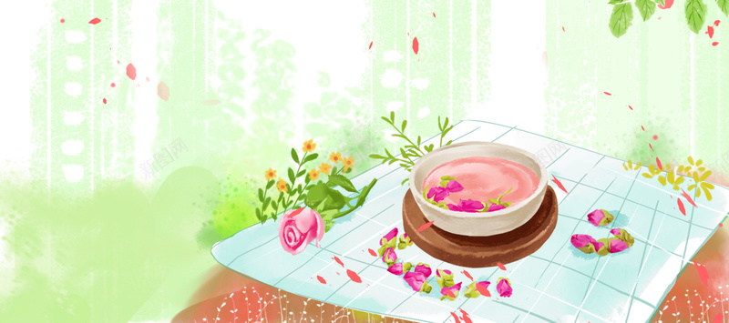 茶叶手绘小清新文艺bannerpsd设计背景_88icon https://88icon.com 新茶上市 春茶上市 春茶 茶叶 茶道 茶文化 手绘玫瑰花茶 手绘茶杯 花朵 花瓣 文艺 清新 电商