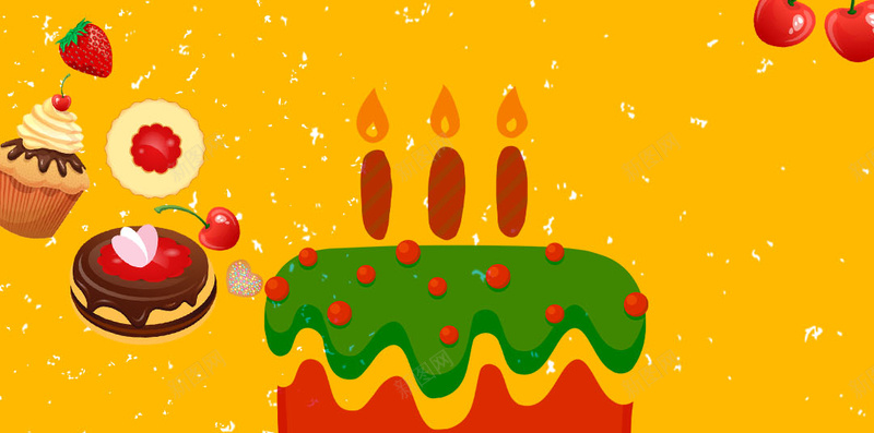黄色背景上美味糕点psd设计背景_88icon https://88icon.com 生日快乐背景 黄色背景 糕点 蛋糕 蜡烛 PSD背景 樱桃 饼干