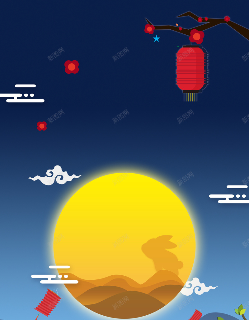 扁平化简洁风格中秋月明psd设计背景_88icon https://88icon.com 扁平化 中秋 月明 简洁 风格 灯笼 祥云 夜色 玉兔