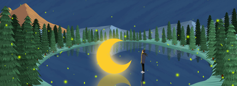 静谧的山谷插画BANNERpsd设计背景_88icon https://88icon.com 夜晚山谷 插画 星光 星空 月亮 月亮山谷 月光 松树横图 水塘 水彩 水面 湖面 矢量 素材 背景 萤火虫