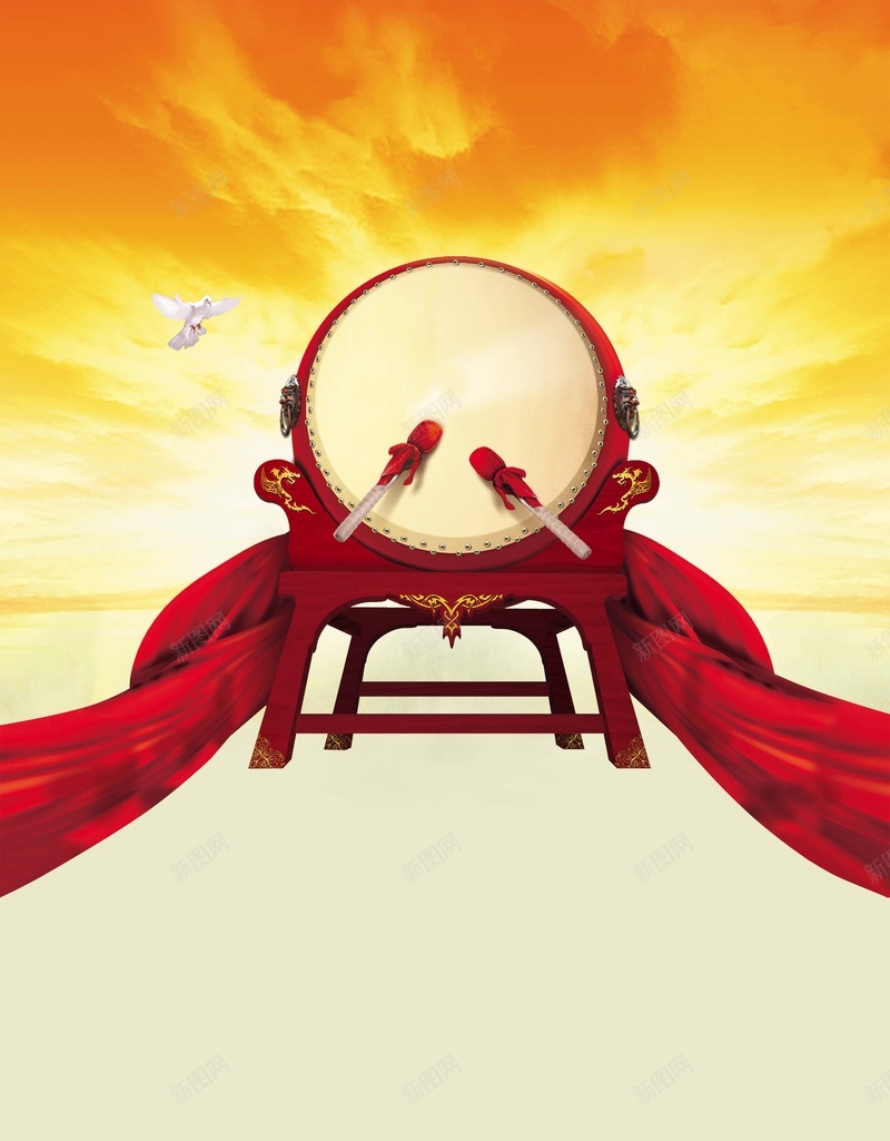 黄色渐变中国风大鼓背景psd设计背景_88icon https://88icon.com 黄色 渐变 中国风 大鼓 鼓锤 红飘带 云 天空