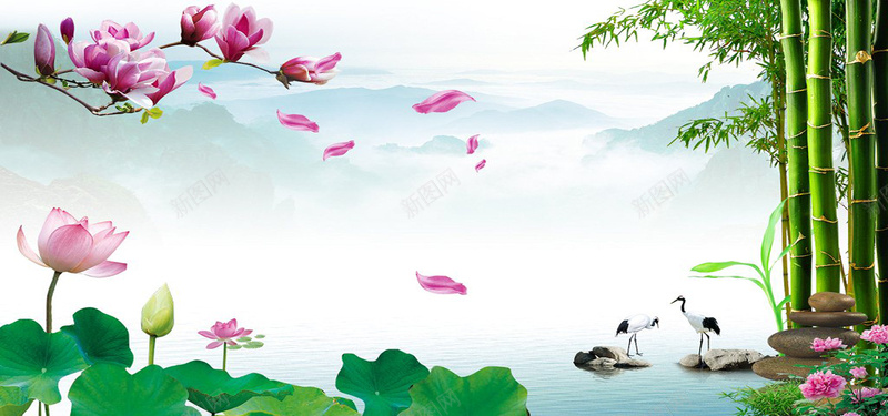 山水风景画jpg设计背景_88icon https://88icon.com 中国风 山水 风景 仙鹤 玉兰花 绿竹 竹杆 石头 花草 花瓣 花苞 湖 水墨山 海报banner