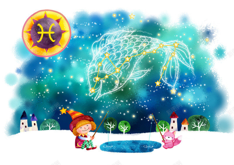 十二星座双鱼卡通图案绿色背景素材psd设计背景_88icon https://88icon.com 卡通世界 卡通人物 卡通插画 双鱼座 星座卡通图案 梦幻 漫画 绿色星空 装饰图案 设计素材