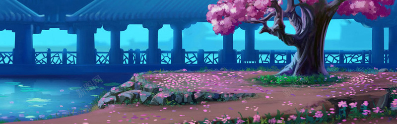 古宅景色背景jpg设计背景_88icon https://88icon.com 古宅 池塘 古建筑 卡通 海报banner 童趣 手绘