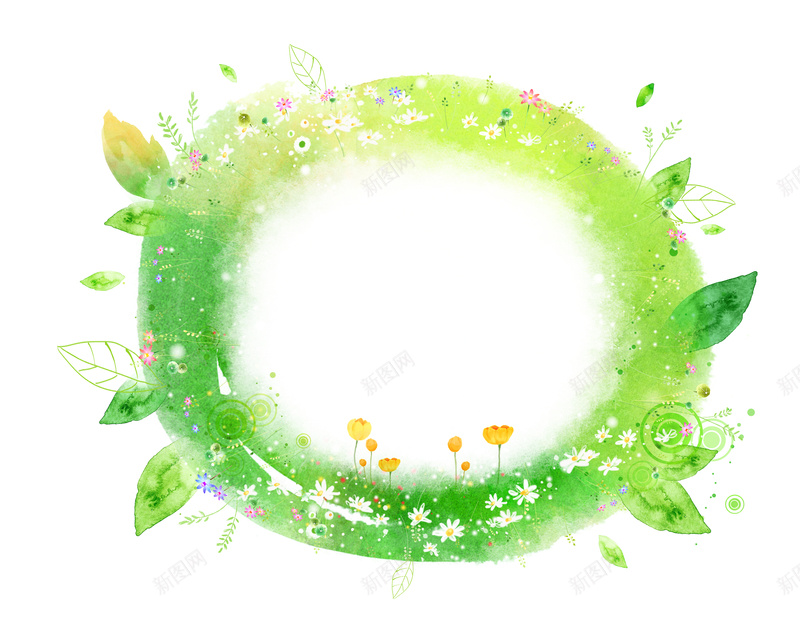 绿色手绘清新边框背景psd设计背景_88icon https://88icon.com 叶子 圆形 手绘 绿色 花环 清新 水彩 花朵 白色 卡通 童趣
