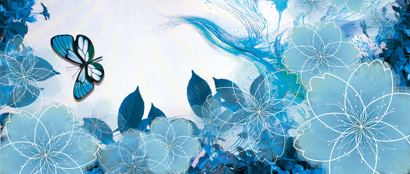 蝴蝶花背景psd设计背景_88icon https://88icon.com 化妆品 蓝色 蝴蝶 面膜 花 光束 梦幻 海报banner 浪漫