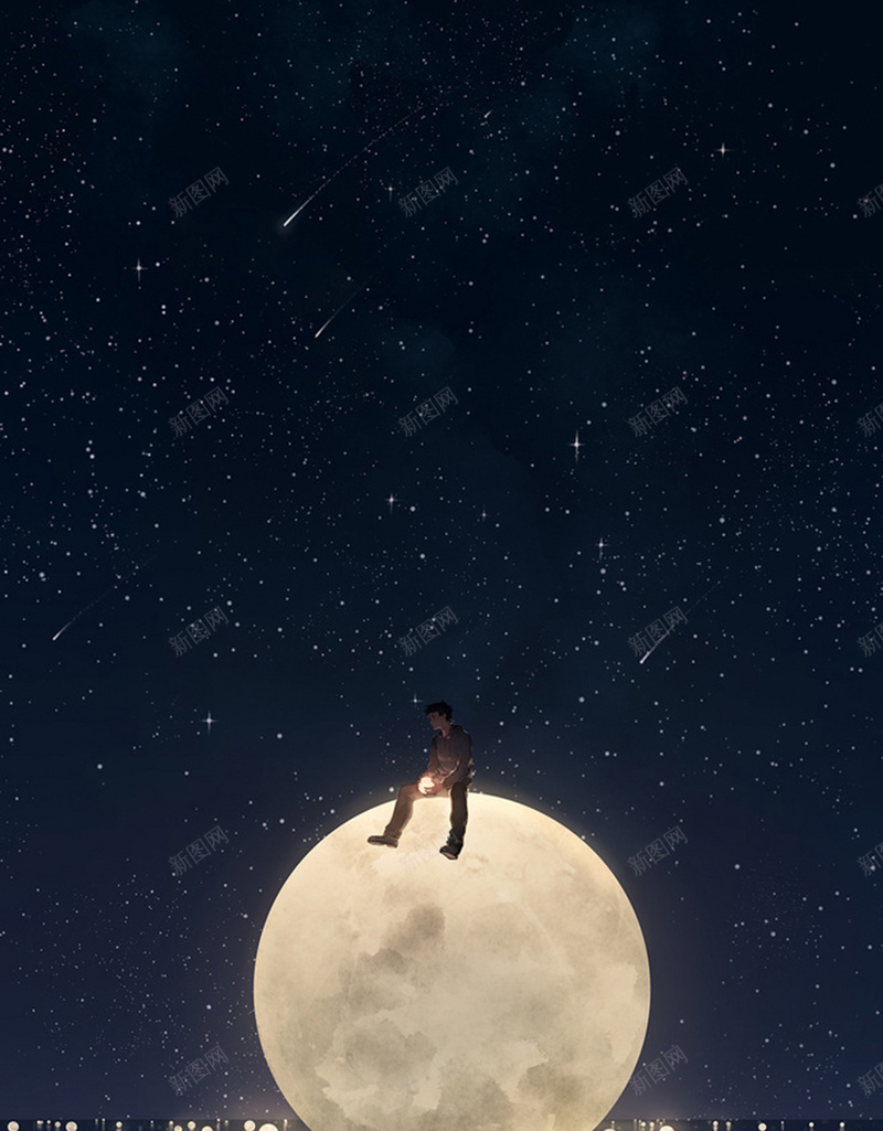 卡通做在月亮上的男子H5背景素材jpg设计背景_88icon https://88icon.com H5背景素材 ps月亮素材 卡通 夜空 星星 月亮