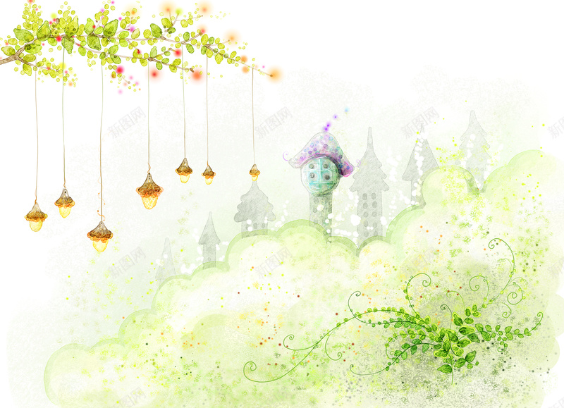 手绘绿色藤蔓背景psd设计背景_88icon https://88icon.com 建筑 手绘 树枝 绿色 藤蔓 灯泡 线条 水彩 卡通 童趣