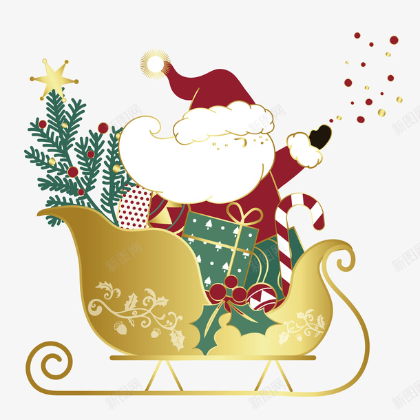 精致圣诞老人送礼设计素材png免抠素材_88icon https://88icon.com 圣诞老人 金色鹿车 矢量图案 圣诞树 彩色底纹 扁平化