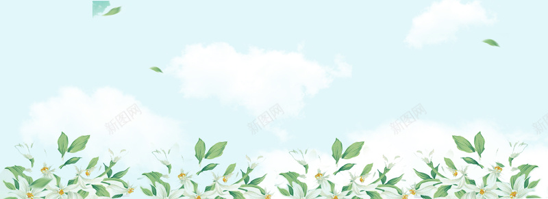 淘宝清新春季促销海报背景psd设计背景_88icon https://88icon.com 春季上新 春季促销 春天 白云 蓝天 绿叶 花 清新 简约 海报背景
