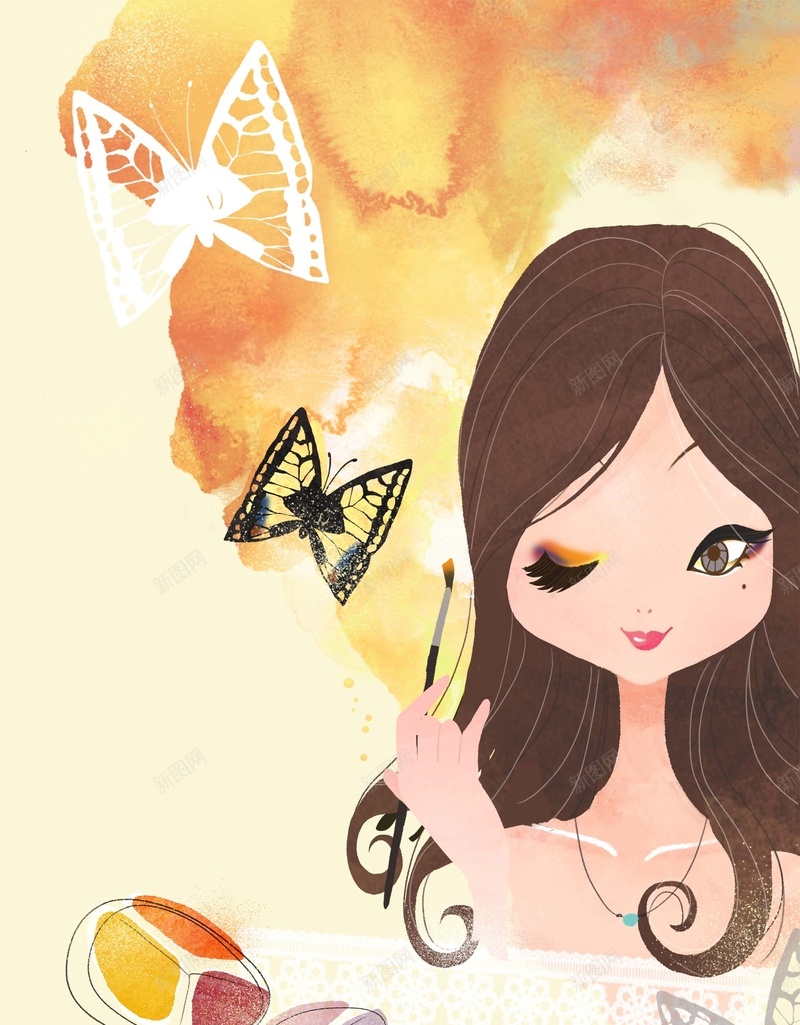 手绘插画化妆的美女海报背景模板psd设计背景_88icon https://88icon.com 手绘 插画 海报背景模板 蝴蝶 化妆品 化妆的美女 化妆品海报 眉刷 水彩背景 海报背景