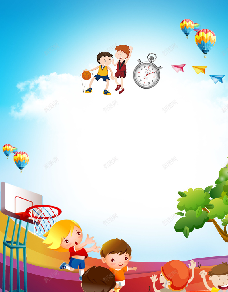 春季运动会卡通海报psd设计背景_88icon https://88icon.com 校园运动会 田径运动会 运动海报 运动会 体育 运动标语 卡通 学生 热气球 篮球架 树