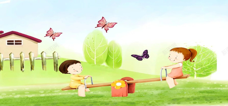 手绘水彩画背景图jpg设计背景_88icon https://88icon.com 水彩画 跷跷板 手绘 栅栏 蝴蝶 绿草地 小女孩 小屋 绿树 海报banner 卡通 童趣