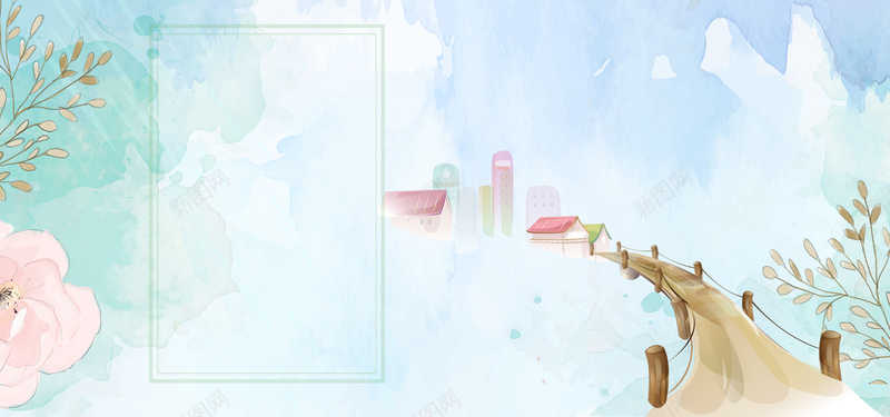水彩小城手绘蓝绿bannerpsd设计背景_88icon https://88icon.com 水彩 渐变 建筑 小桥 树枝 花卉 云层 手绘 清新 蓝色 绿色