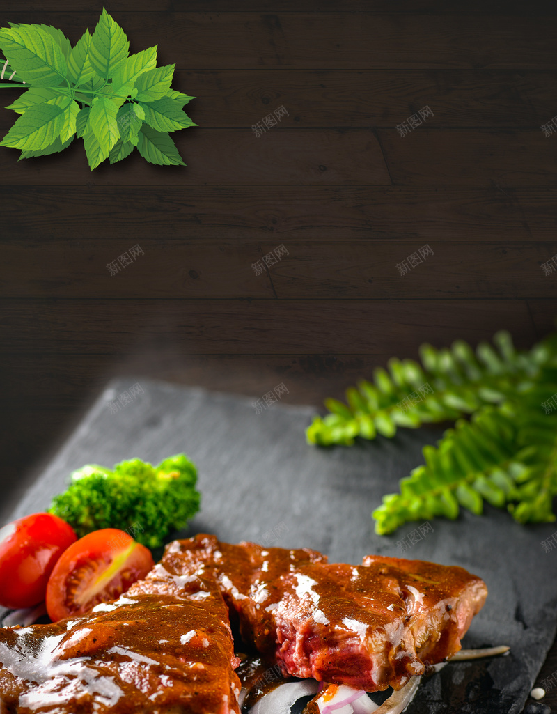 黑色美味牛排美食海报psd设计背景_88icon https://88icon.com 牛排海报 美味 美食 餐饮 黑色 叶子 新品上市 澳洲牛排 限时特惠