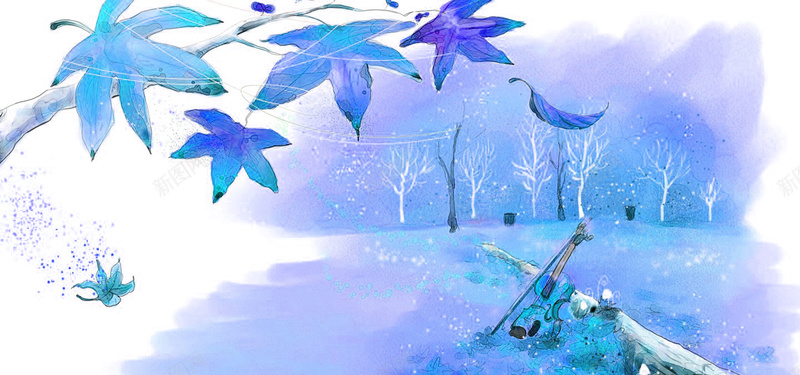 蓝色手绘插画背景jpg设计背景_88icon https://88icon.com 手绘 插画 树叶 童趣 蓝色 小提琴 海报banner 卡通