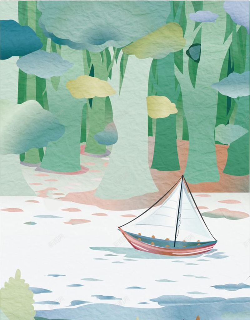 水彩插画纹理背景jpg设计背景_88icon https://88icon.com 水彩 插画 帆船 树林 卡通 白色 绿色 彩色 蓝色