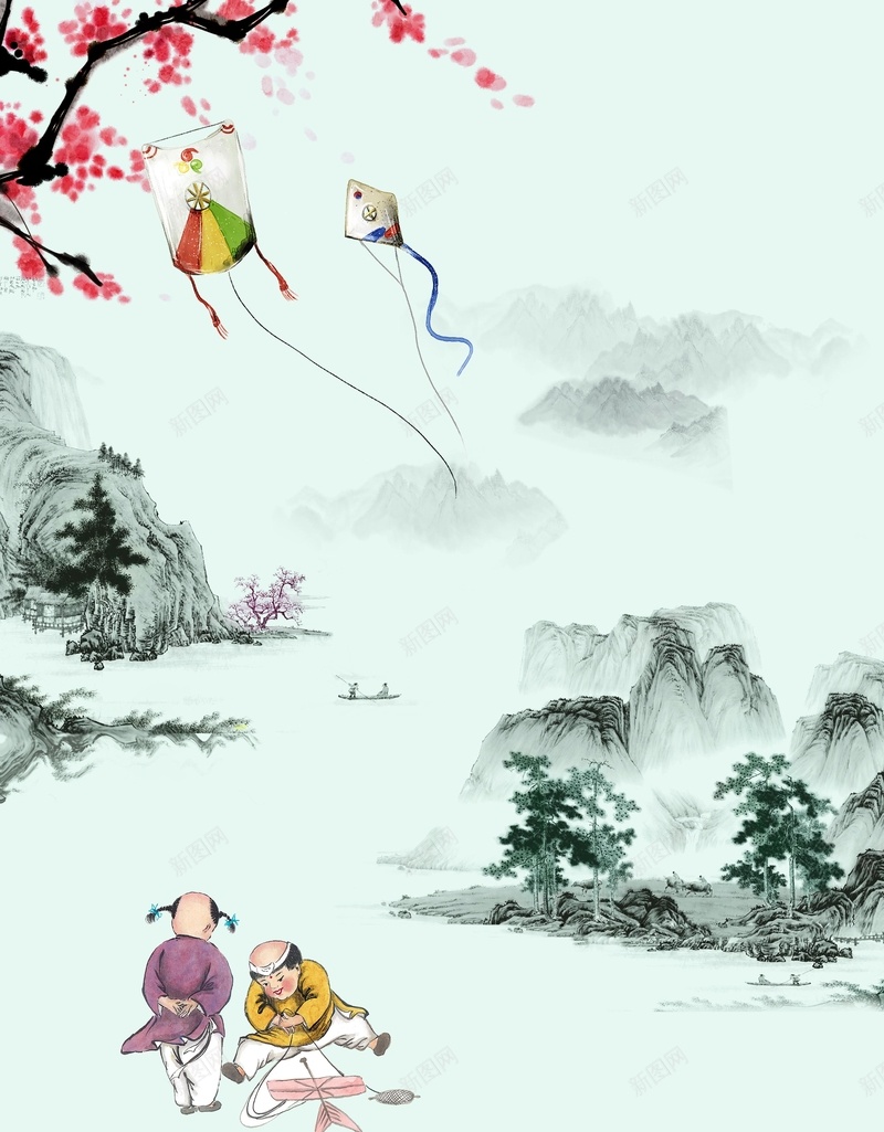 风筝节中国风清新海报背景psd设计背景_88icon https://88icon.com 风筝节 中国风 清明节 水墨画 花卉 儿童 风筝 海报 背景