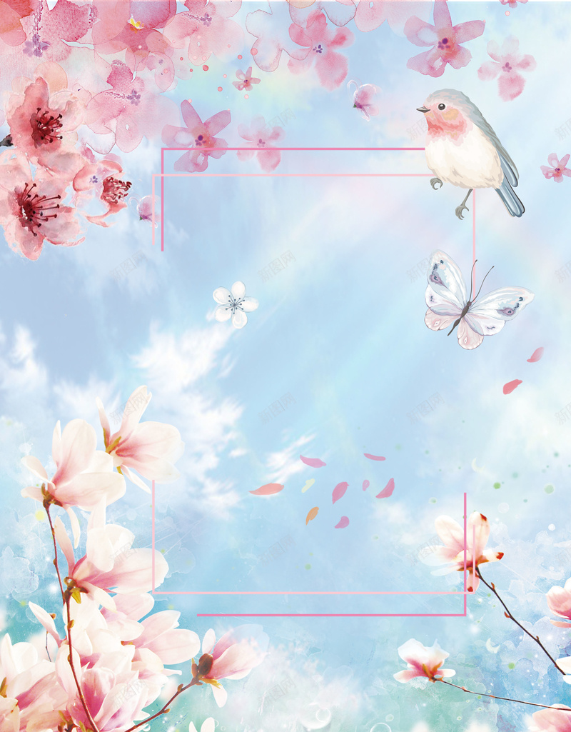 粉色唯美手绘桃花夏季新品海报背景素材psd设计背景_88icon https://88icon.com 水彩桃花 清新 蓝粉色 小鸟 蓝天 上海桃花节 桃花朵朵 夏季 夏季新品 新品首发