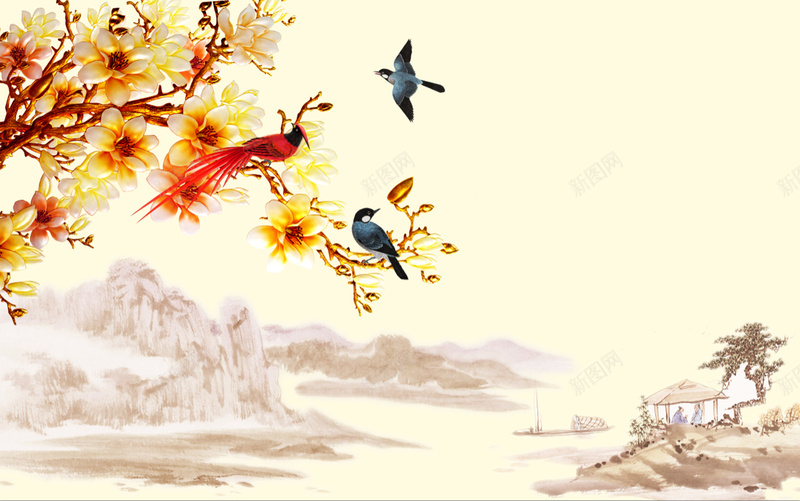 林间鸟儿展板psd设计背景_88icon https://88icon.com 山地 林间 树枝 鸟儿 花 墨迹 清新 科技 科幻 商务