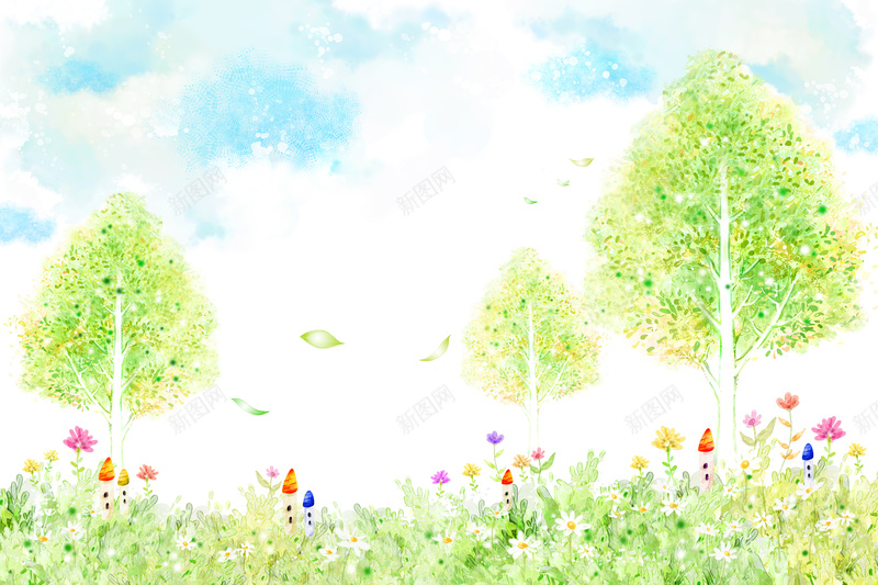 绿色手绘树木背景psd设计背景_88icon https://88icon.com 绿色 手绘 树木 天空 花草 树叶 叶子 漂浮 清新 白色 卡通 童趣