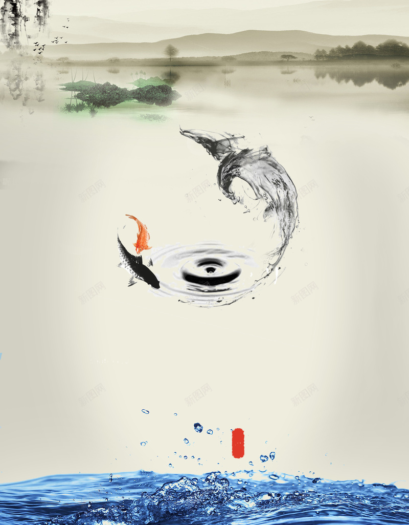 茶水徽乡psd设计背景_88icon https://88icon.com 茶 水 徽 乡 水墨 中国风 白色 鱼 河水
