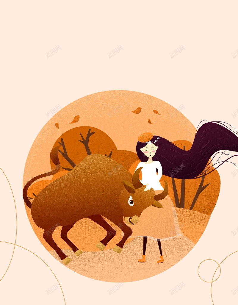 十二星座金牛座原创插画jpg设计背景_88icon https://88icon.com 手绘背景 唯美插画 金牛座 牛 水牛 十二星座金 黄牛 树林 落叶插画 手绘女孩