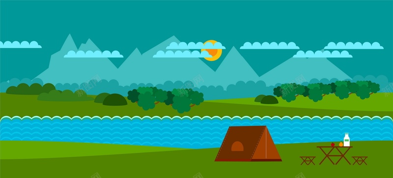 郊外风景背景模板jpg设计背景_88icon https://88icon.com 扁平化树林 云朵 太阳 树木 山 河流 风景 植物 树林 野营 湖泊 房屋 帐篷 草地 海报 平面 广告 背景 矢量 AI 素材 模板