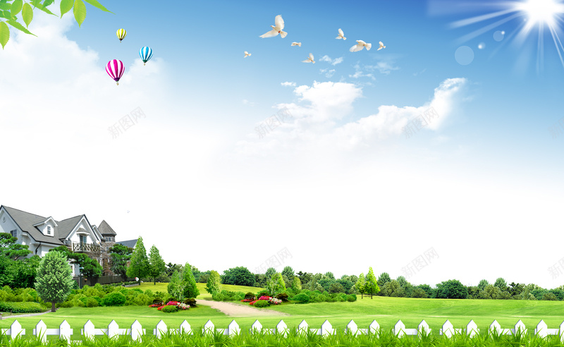 清新自然郊外自然风光海报背景素材psd设计背景_88icon https://88icon.com 热气球 清新 自然 草地 蓝天 郊外风光 白云 房屋 树木 PSD背景 下载