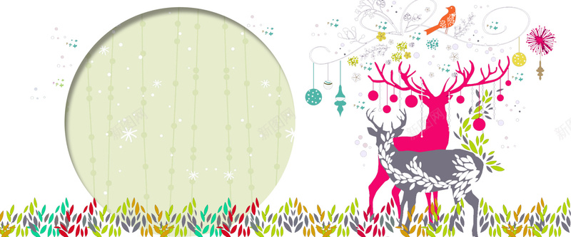 圣诞简约圆框麋鹿卡通手绘背景psd设计背景_88icon https://88icon.com 卡通 圣诞 手绘 简约 麋鹿 背景 圆框 树叶 小鸟 水晶球 雪花 banner