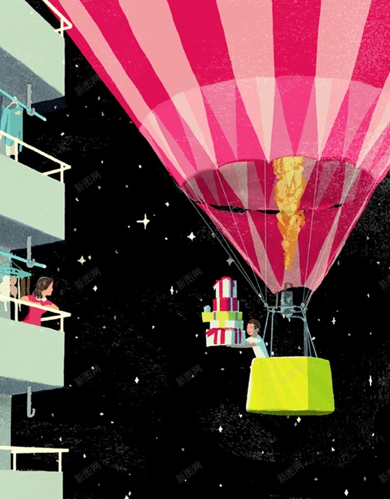 给女孩送礼物的男孩插画H5背景jpg设计背景_88icon https://88icon.com 热气球 夜晚 情侣 插画 背景 卡通 童趣 手绘