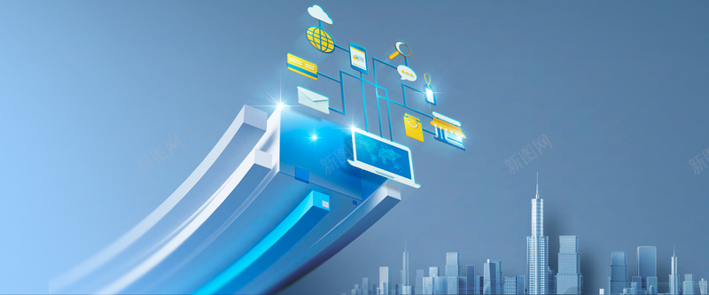 城市影像蓝色科技bannerpsd设计背景_88icon https://88icon.com 城市 建筑 楼宇 科技 蓝色 科幻 互联网 光线 光点 放大镜 邮件 符号