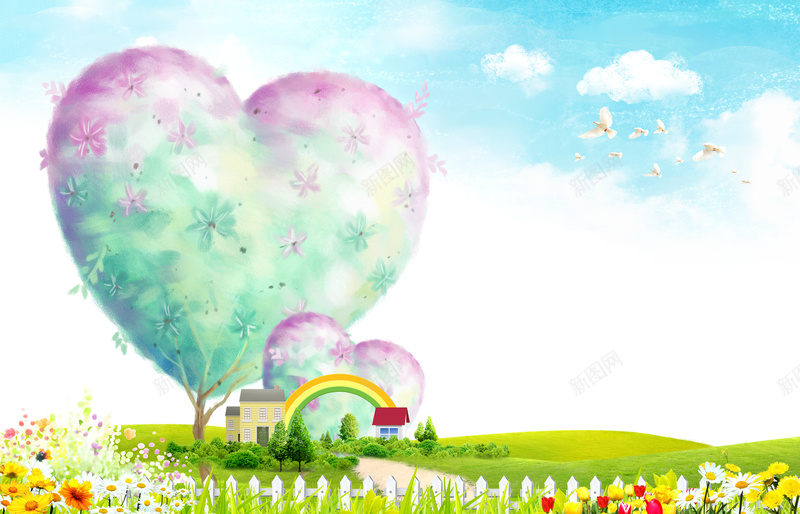 卡通心型浪漫唯美海报背景psd设计背景_88icon https://88icon.com 草地 卡通心型 云层 背景 飞舞 爱情 幸福 爱心树 卡通 童趣 手绘